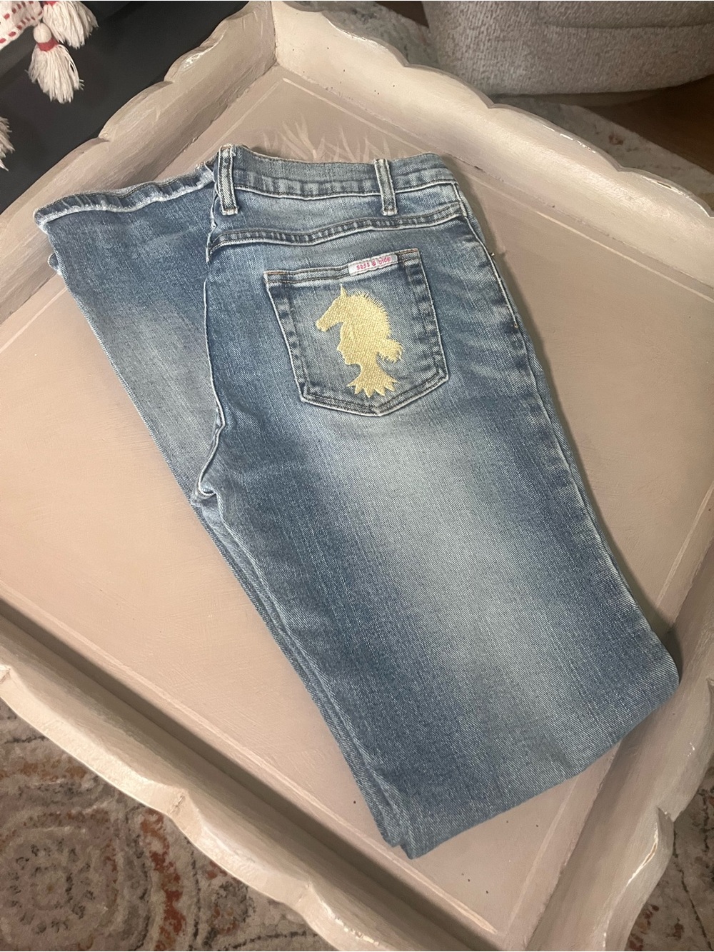 sass & bide Light Blue Straight Leg Jeans with Gold Unicorn Patch